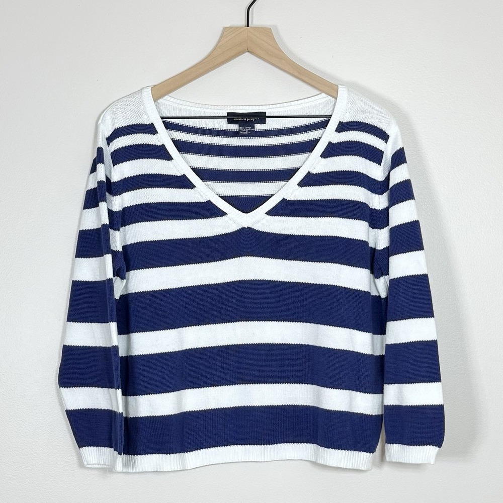 Boston Proper Womens Sweater Size L Blue White Stripe Cotton Nautical Beachy
